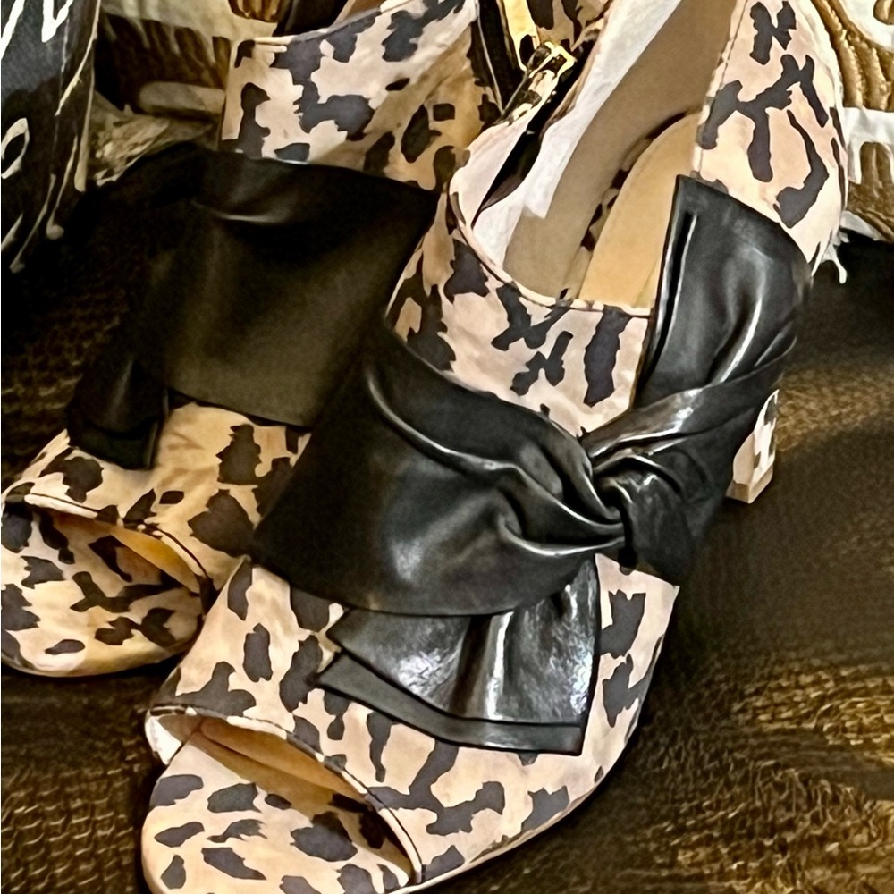Leopard Print Peep-Toe Heels with Black Bow